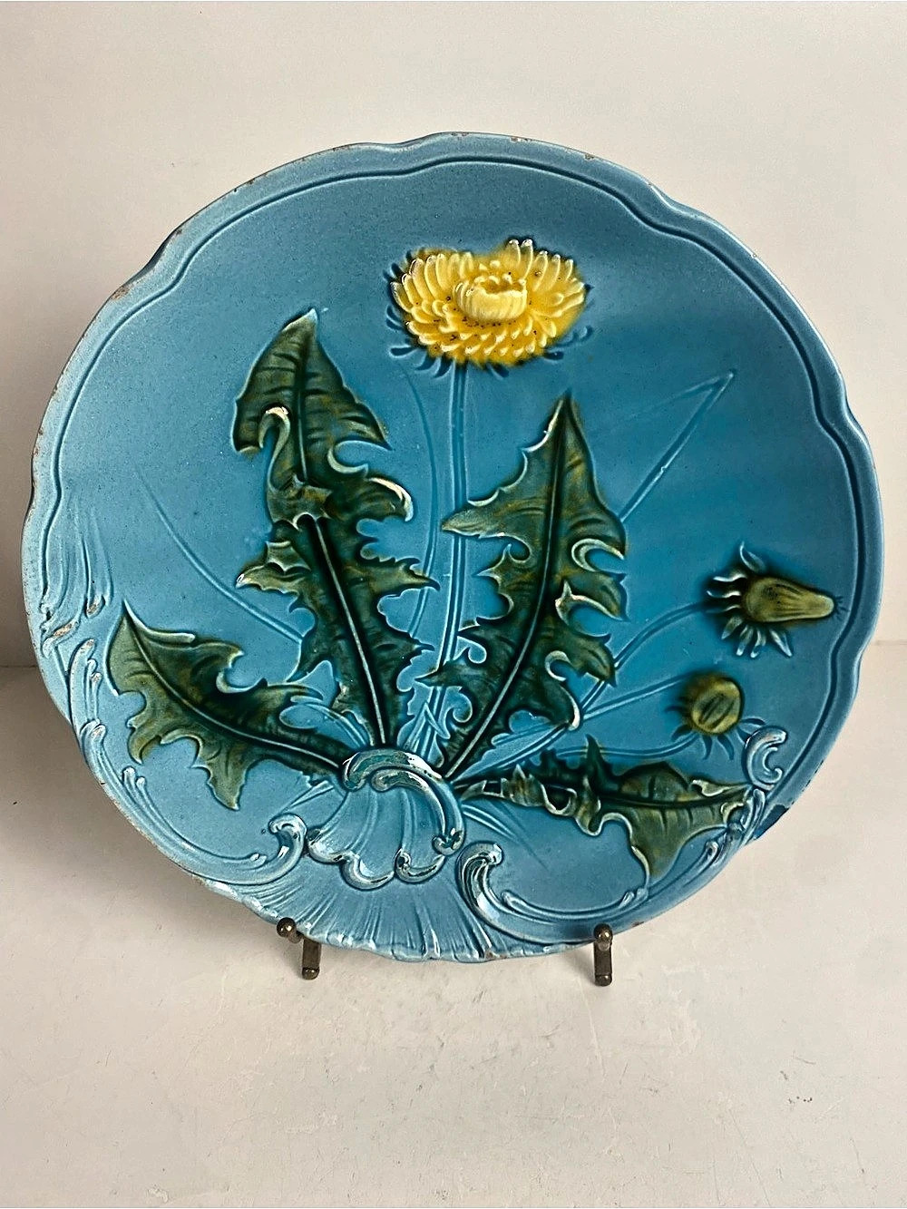 Antique G.S. Zell Baden Dandelion Majolica 10” Plate Germany Early 1900s